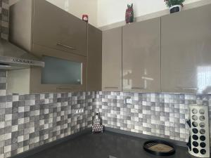 a kitchen with gray and white tiled walls and cabinets at Superbe duplex avec jardin in Le Kram +7 photos