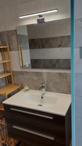 a bathroom with a sink and a mirror at Villa Macoran 2 étoiles in Saint-Aygulf +56 photos