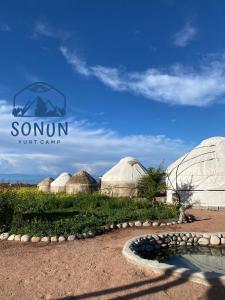 a group of domes in a field with a pond at Yurt camp Sonun in Bokonbayevo