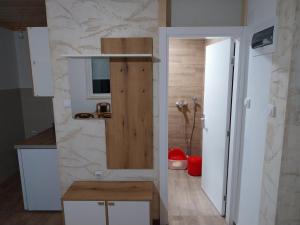 a kitchen with a wooden door in a room at Visočka Banja Apartmani in Arilje
