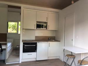 a kitchen with white cabinets and a sink and a microwave at Studio maisonnette Caudan in Caudan