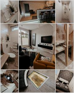 un collage de diferentes fotos de una sala de estar en Central Loft Apartment en Ueckermünde