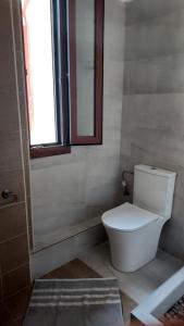 a bathroom with a toilet and a window and a mirror at Villa Anna III in Nea Moudania +18 photos