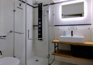 ブラウンラーゲにあるAppartement Brinkmannのバスルーム(洗面台、ガラス張りのシャワー付)