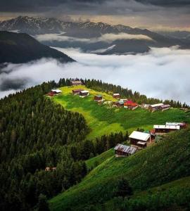 a small village on a hill in the clouds at Modul Suit & Bungalov in Rize