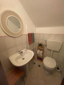 La salle de bains est pourvue d'un lavabo, de toilettes et d'un miroir. dans l'établissement Casa do Almograve, à Odemira