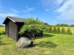 a small building with a tree next to a rock at Haapsu Holiday Home in Haapsu