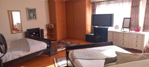 Cottage on Pipers في Sandton: غرفة معيشة بسريرين وتلفزيون