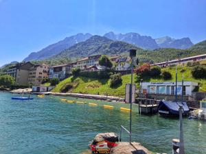 a view of a river with mountains in the background at Les Tilleuls 4 in Saint-Gingolph