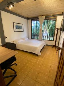 een slaapkamer met een bed, een bureau en een raam bij Casa Vélez: habitación natural in Villamaría