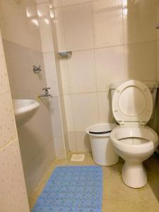 y baño con aseo, lavamanos y alfombra azul. en JKIA Transit Pod - Ideal for Transit Freshening and Go, en Syokimau