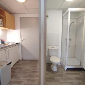 La salle de bains est pourvue de toilettes et d'une douche. dans l'établissement Neoresid - Résidence du Parc, à Reims