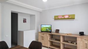 a living room with a tv on a wooden table at Shara Hotel in Mestia