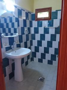 uma casa de banho com lavatório e azulejos azuis e brancos em Metochi Gavdos em Karave