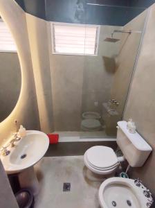 Hotel Windsor Mendoza في ميندوزا: حمام به مرحاض أبيض ومغسلة