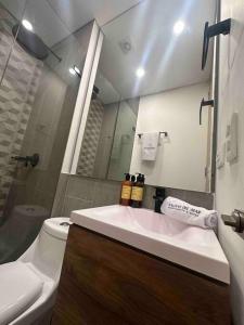 a bathroom with a sink and a toilet and a mirror at Apartaestudio en Pozos Colorados in Playa Bello Horizonte