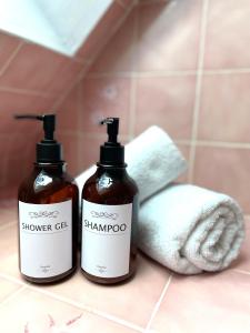 アラドンにあるVilla au calme absolu - à 200 m du Golfeのバスルームのカウンターにシャワージェル2本とタオルが置いてある +26枚の写真