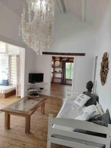 - un salon avec une table basse et un lustre dans l'établissement Villa zen Bali piscine privée 3 chambres lotissement les hauts de la vallée d'or, à Saint-François