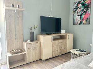 1 dormitorio con TV en un armario de madera en My Choice, en Budva