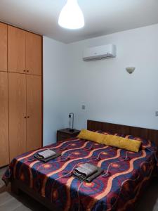 a bedroom with a bed with a colorful blanket at Pari Holiday apartments in Paphos