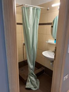 łazienka z zasłoną prysznicową i umywalką w obiekcie Studio Odysseus w mieście Nikiti