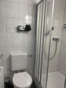 a bathroom with a shower and a toilet in it at Hotel König Humbert in Erlangen