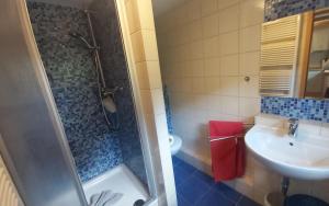 a bathroom with a sink and a shower and a toilet at Ferienhaus zur Dorfbachklamm in Altendorf +7 photos