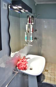 bagno con lavandino bianco e specchio di Studio with sea view enclosed garden and wifi at Foulpointe a Foulpointe