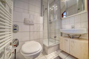 ein Bad mit einem WC, einem Waschbecken und einer Dusche in der Unterkunft Ferienpark - Haus H, App 0H0501 in Heiligenhafen