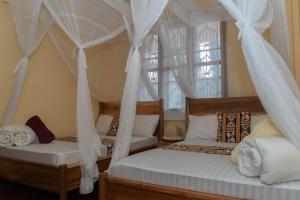 two beds in a bedroom with mosquito nets at Mahali House in Moshi