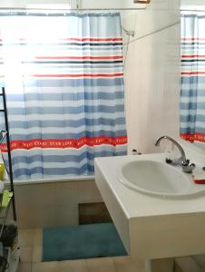uma casa de banho com um lavatório e uma cortina de chuveiro em Appartement d'une chambre a Frejus a 300 m de la plage avec vue sur la ville piscine partagee et balcon em Fréjus