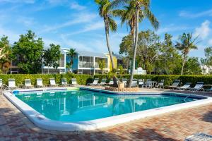 einen Pool mit Stühlen und Palmen in einem Resort in der Unterkunft Kawama Yacht Club Apartment in Key Largo