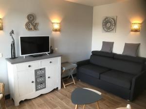 ein Wohnzimmer mit Sofa und Fernseher in der Unterkunft BELLE DUNE Village Vacances face à l'Aquaclub de FORT MAHON in Fort-Mahon-Plage