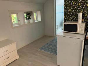 a kitchen with a microwave on top of a refrigerator at Villa Bella in Naantali +2 photos