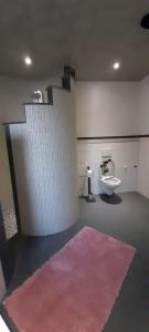 a bathroom with a pink rug and a toilet at Ferienwohnung für bis zu 10 Personen in Koetz 
