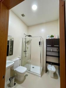 a bathroom with a shower and a toilet and a sink at merinas22 in Zamora +16 photos