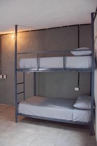 a bunk bed room with three bunk beds at La Embajada Hostel Bacalar in Bacalar