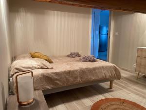 a bedroom with a bed and a blue door at Chez Maggie in Saint-Gervais +15 photos