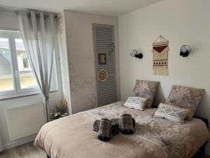 a bedroom with a bed with two cameras on it at L'appart' Centre ville 3 chambres in Rethel