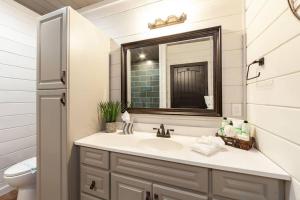 a bathroom with a sink and a mirror at Smoky Mtn Retreat Pets Pickleball HotTub Creekside in Sevierville +28 photos