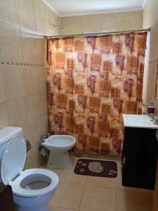 a bathroom with a toilet and a shower curtain at El Quincho in San Miguel del Monte