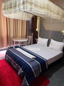 a bedroom with a bed with a canopy and a red rug at Javelin Hotel , Kampala, Uganda in Kampala
