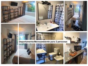 un collage de fotos de un baño y un dormitorio en Aucapillan en San Carlos de Bariloche