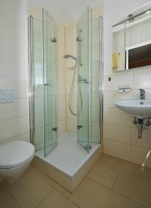 Un baño con ducha, inodoro y lavabo. en Hotel Moorbadstuben, en Bad Buchau 40 fotos más