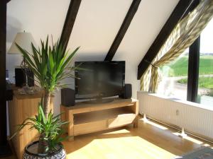 a living room with a flat screen tv and two windows at Haus Schaumburger Land in Volksdorf +15 photos