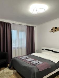 Un dormitorio con una cama grande y una ventana en Cozy Studio Onesti, en Onești