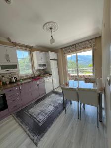 a kitchen with a table and chairs in a room at Yavuz Luxury Apartments in Macka