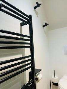 Un baño con barandillas negras y un inodoro. en Barbuy - Natuurhuisje in Durbuy - Bar - Zwem - Ontspan, en Durbuy