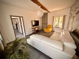 a living room with a white couch and a television at Le Domaine du Castel in Saulzoir