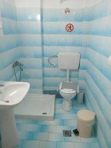 a blue bathroom with a toilet and a sink at Tatiana`s apartments in Stavros